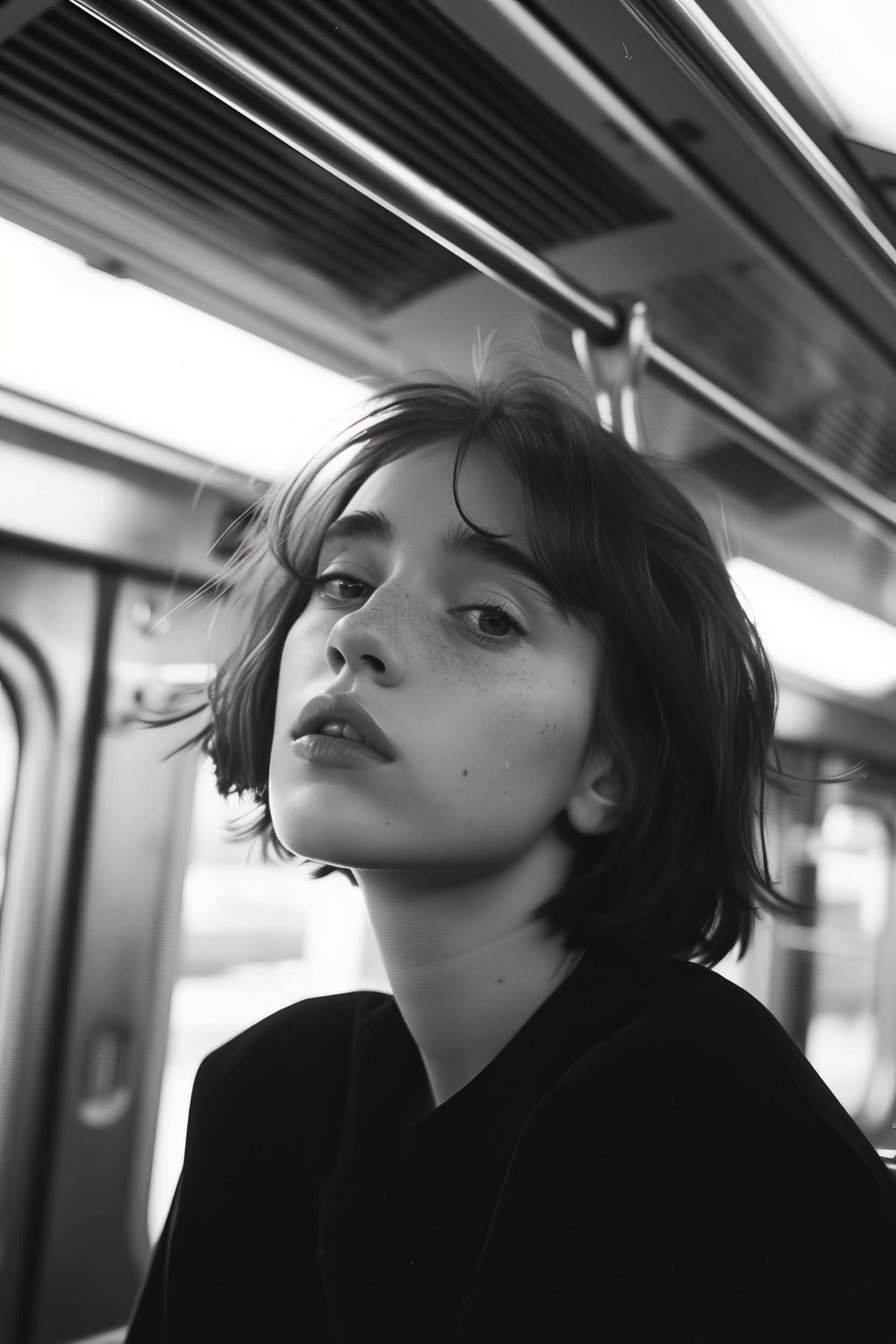 film photography 35mm, hyper-realistic black and white photo, Empty Subway Car: A young woman sits alone in a subway car, the flickering lights casting shadows on her face. --ar 2:3 --v 6 Job ID: 8eea48d8-128c-4054-8835-e900204a54cf